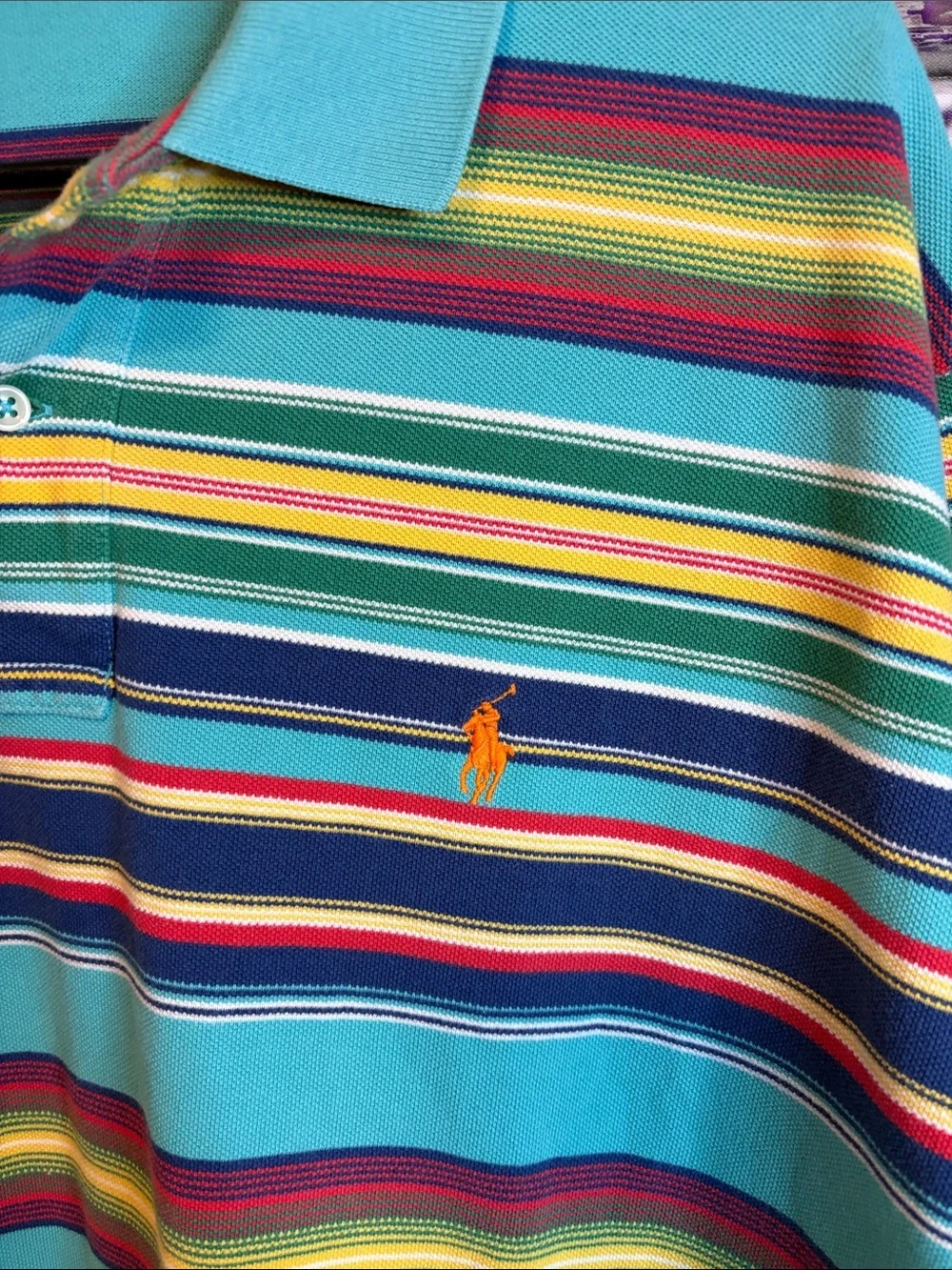 Polo by Ralph Lauren Teal Multi-Stripe Polo Mesh Shirt EUC Size XL